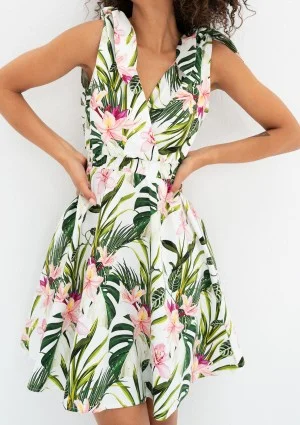 Alva - Ecru leafy patterned mini summer dress