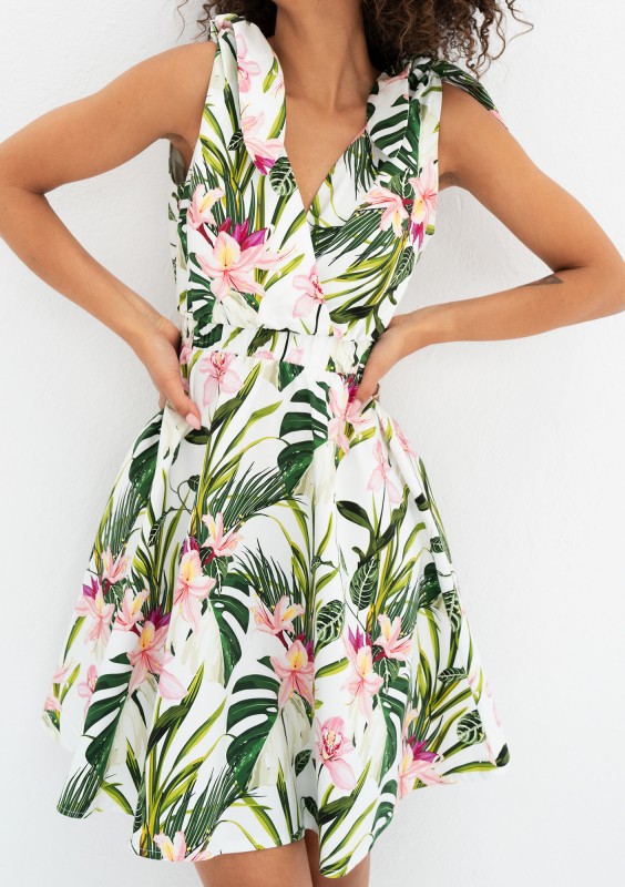 Alva - Ecru leafy patterned mini summer dress