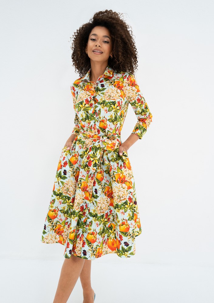 Sally - Light blue floral midi shirt dress