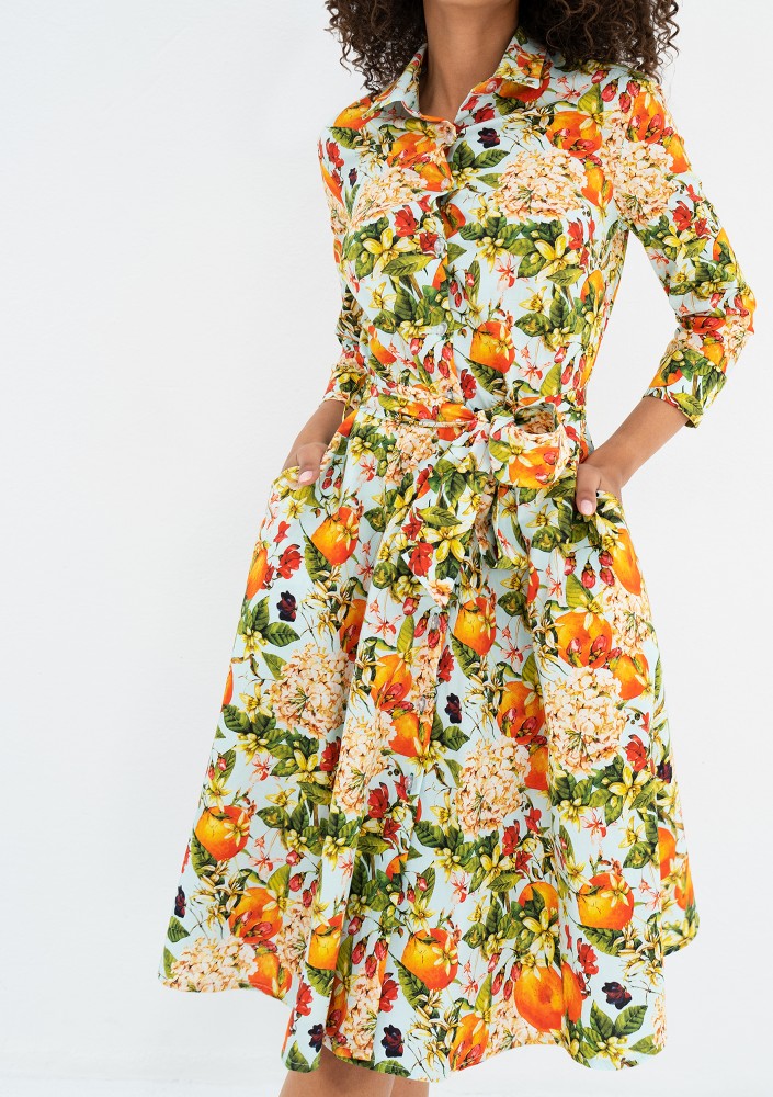 Sally - Light blue floral midi shirt dress