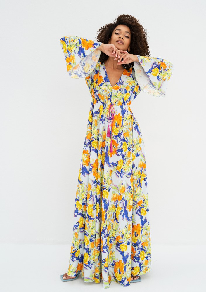Aliyah - Boho light blue floral patterned maxi dress