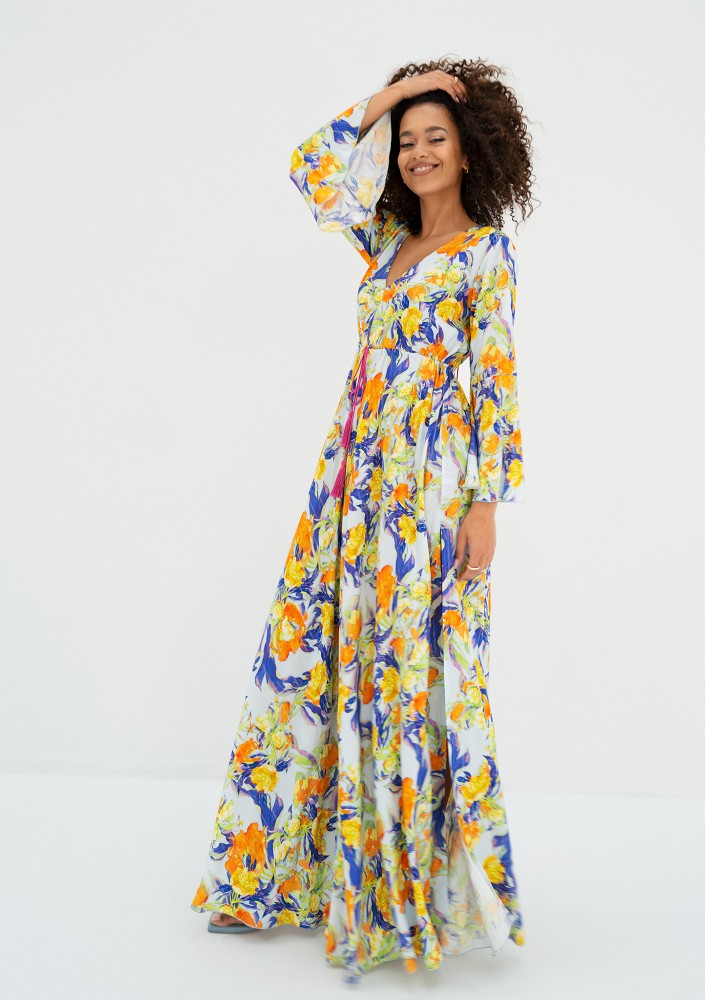 Aliyah - Boho light blue floral patterned maxi dress