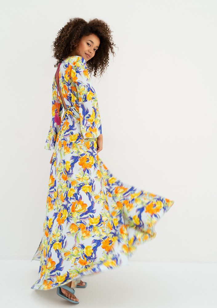 Aliyah - Boho light blue floral patterned maxi dress