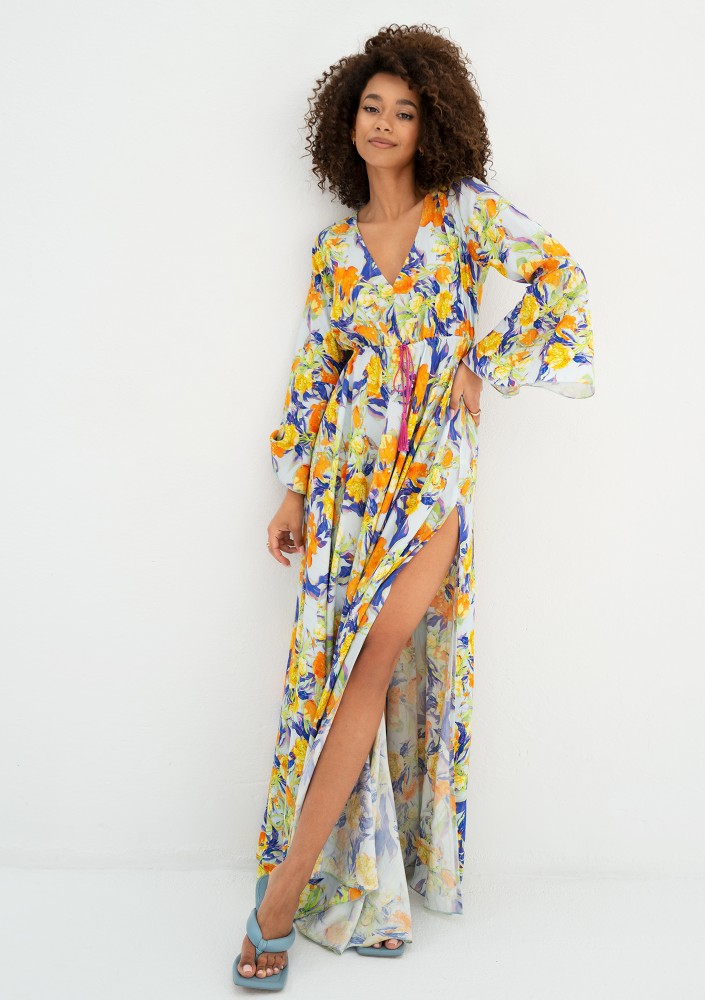 Aliyah - Boho light blue floral patterned maxi dress