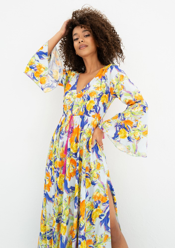 Aliyah - Boho light blue floral patterned maxi dress