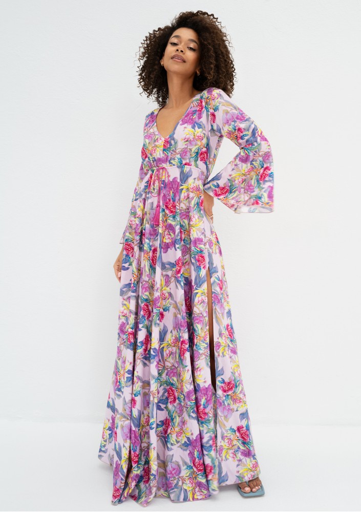 Aliyah - Boho lila floral patterned maxi dress