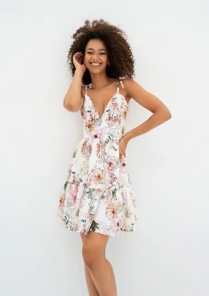 Alexa - Letnia sukienka mini na ramiączkach w kwiatki Ecru
