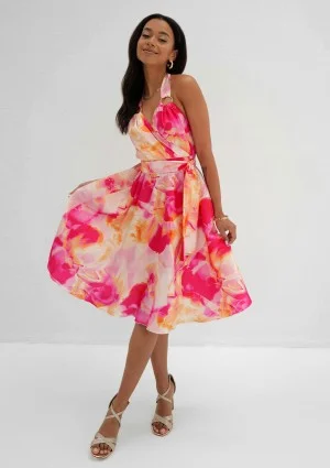 Elma - Rozkloszowana sukienka midi w print Różowa
