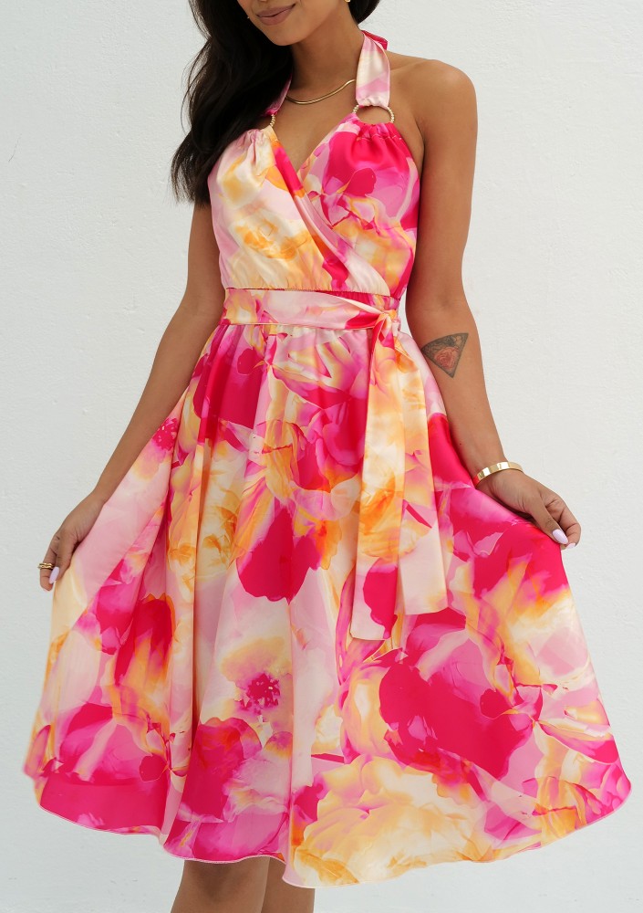 Elma - Magenta printed satin midi dress