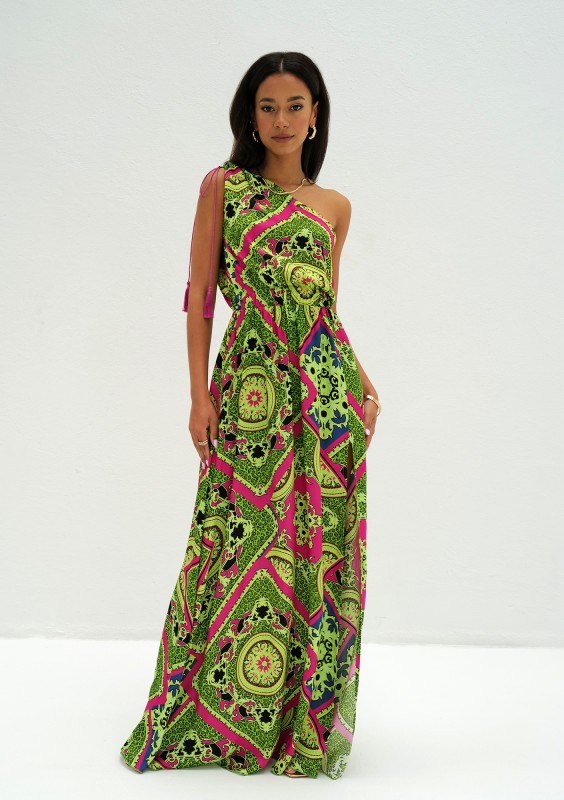 Azur - Asymmetric lime green printed maxi dress