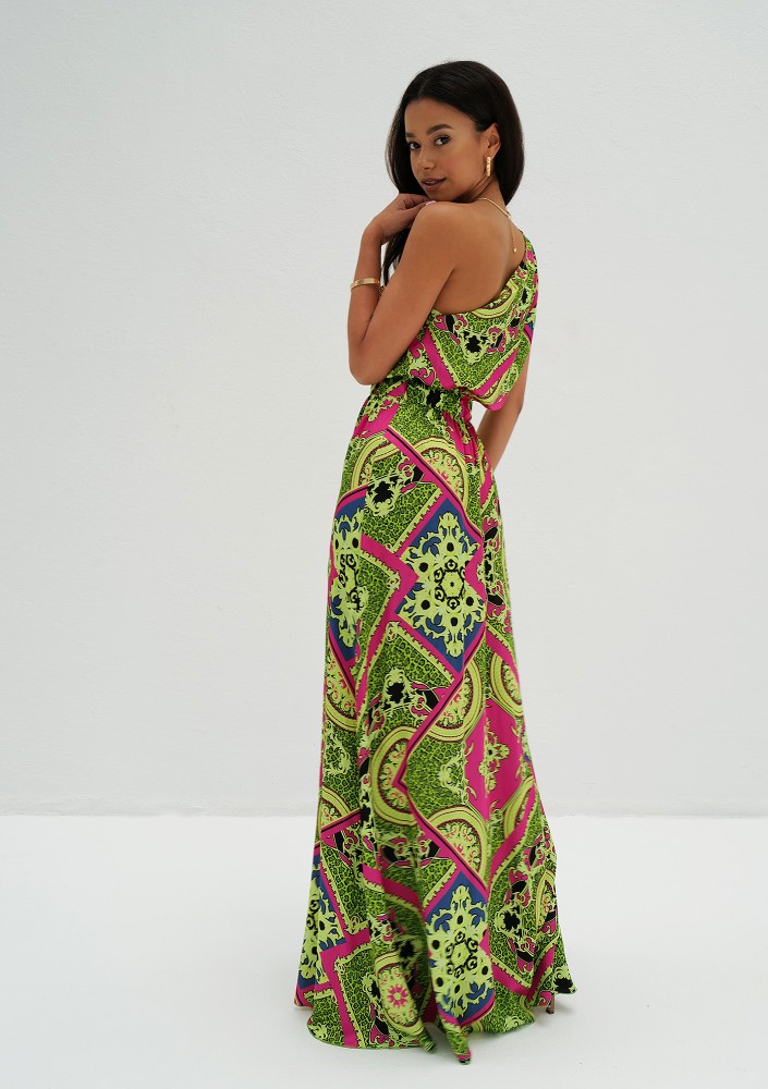 Azur - Asymmetric lime green printed maxi dress
