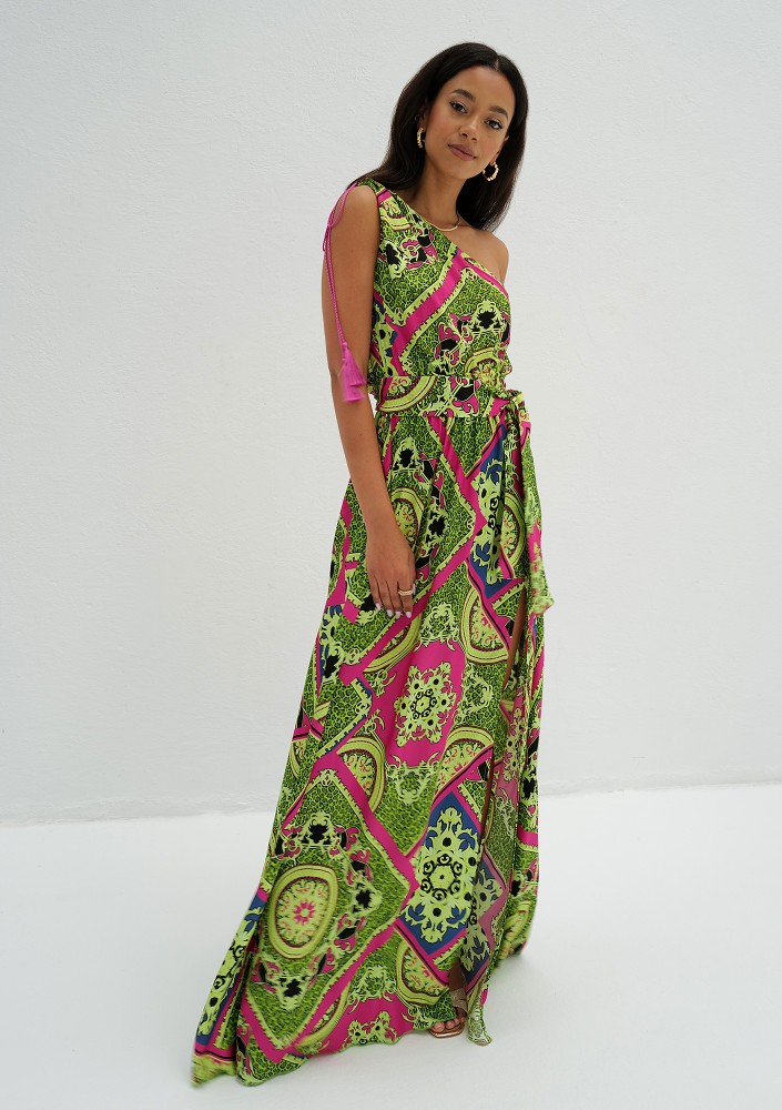 Azur - Asymmetric lime green printed maxi dress