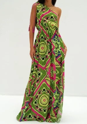 Azur - Asymetryczna sukienka maxi w print Limonkowa