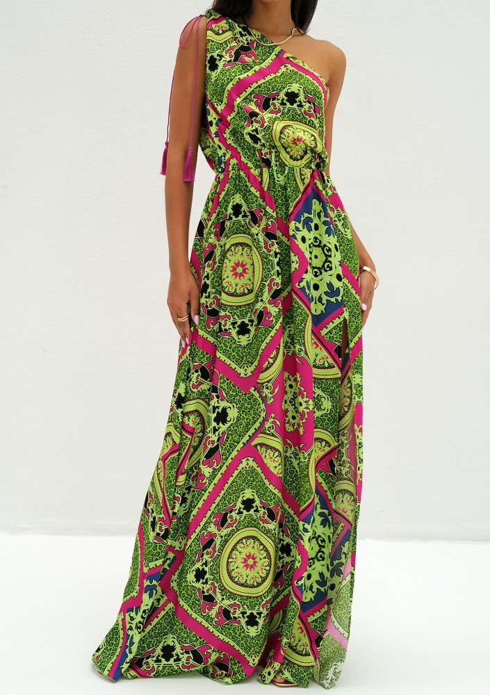 Azur - Asymmetric lime green printed maxi dress