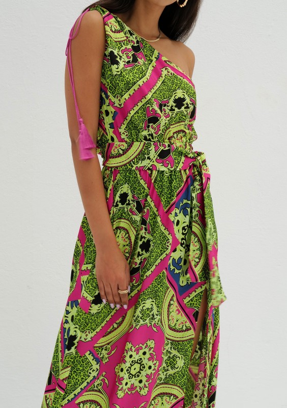 Azur - Asymetryczna sukienka maxi w print Limonkowa