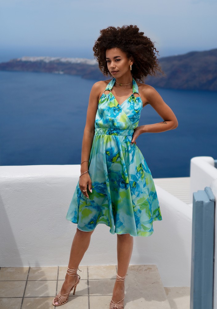 Elma - Blue printed satin midi dress