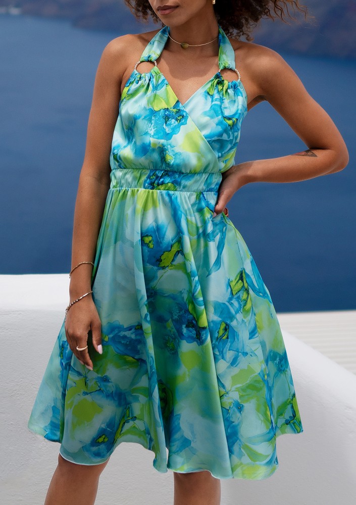 Elma - Blue printed satin midi dress