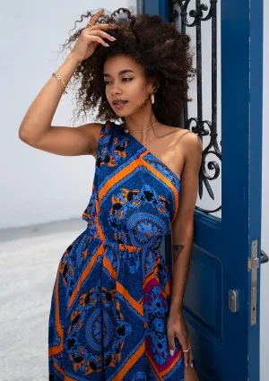 Azur - Asymetryczna sukienka maxi boho Kobaltowa