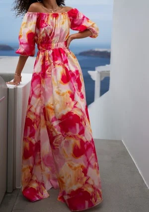 Cayli - Długa sukienka letnia boho z dekoltem w łódkę