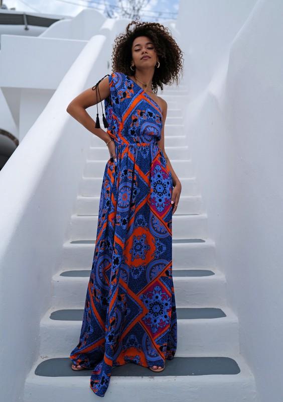 Azur - Asymmetric cobalt blue printed maxi dress