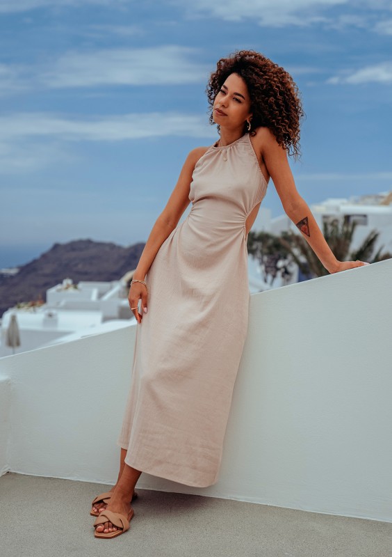 Tina - Beige midi cutout dress