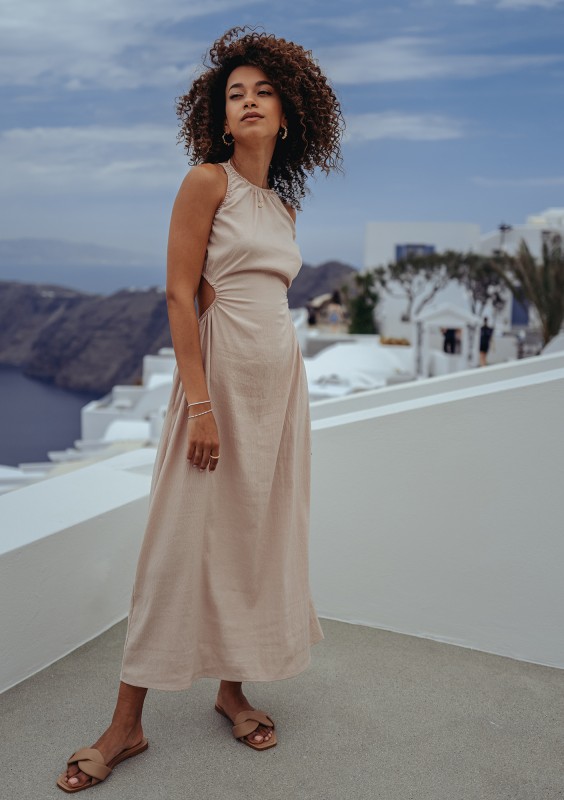 Tina - Beige midi cutout dress