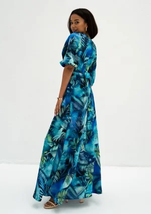 Serina - Blue leafy maxi wrap dress
