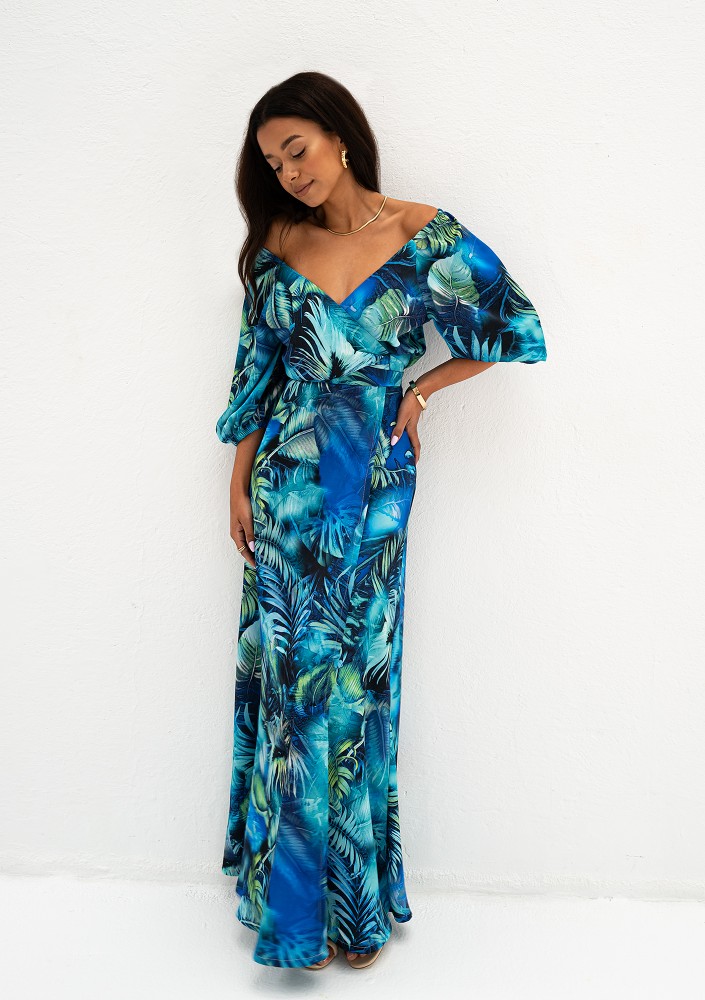 Serina - Blue leafy maxi wrap dress