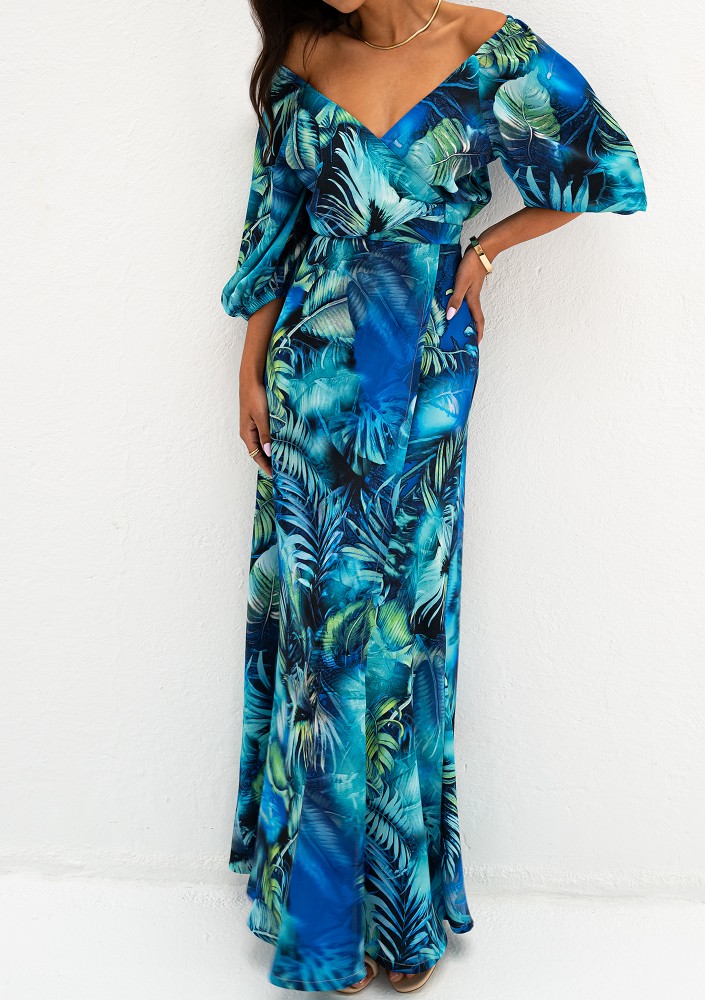 Serina - Blue leafy maxi wrap dress