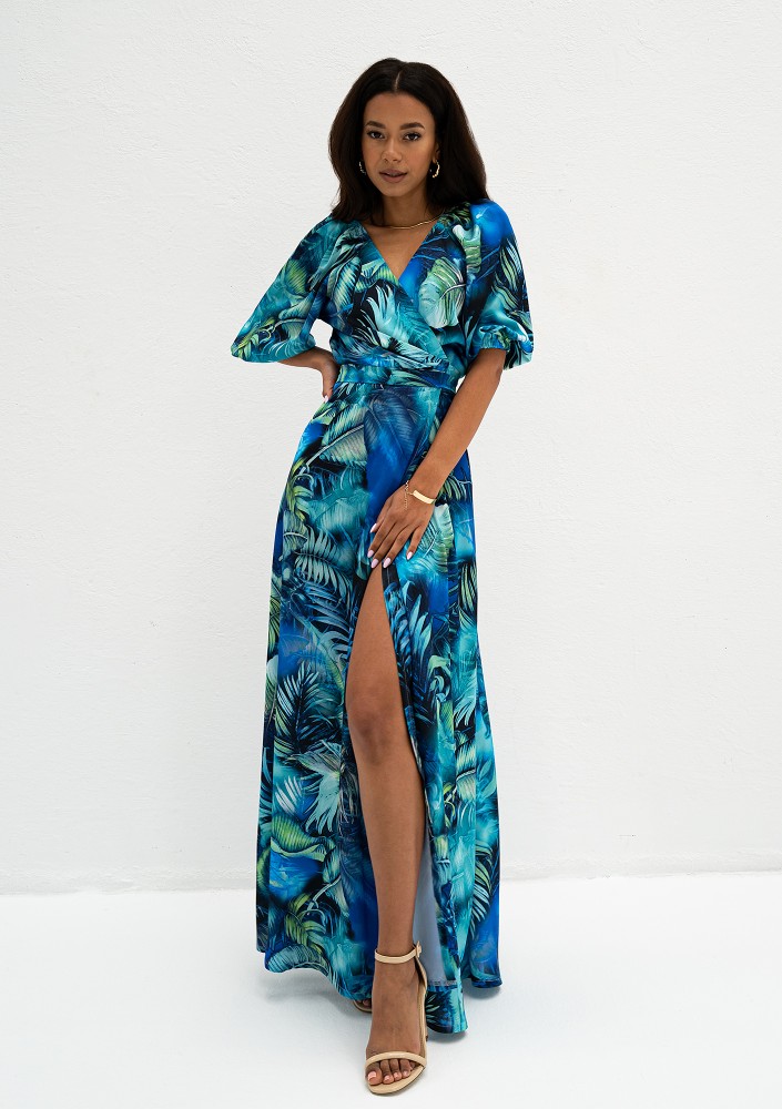 Serina - Blue leafy maxi wrap dress