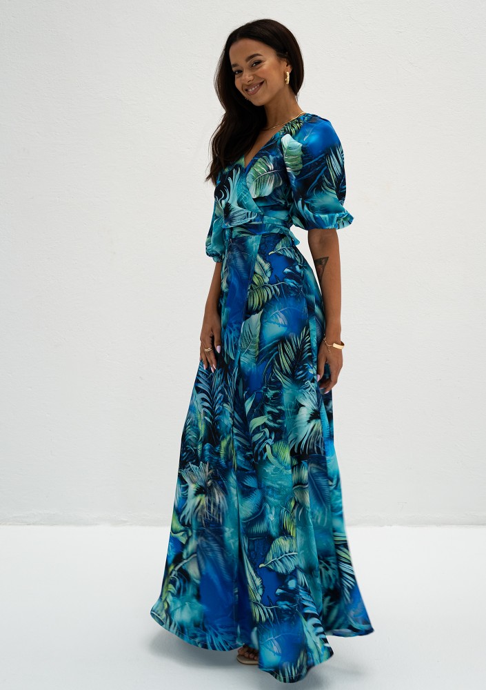 Serina - Blue leafy maxi wrap dress