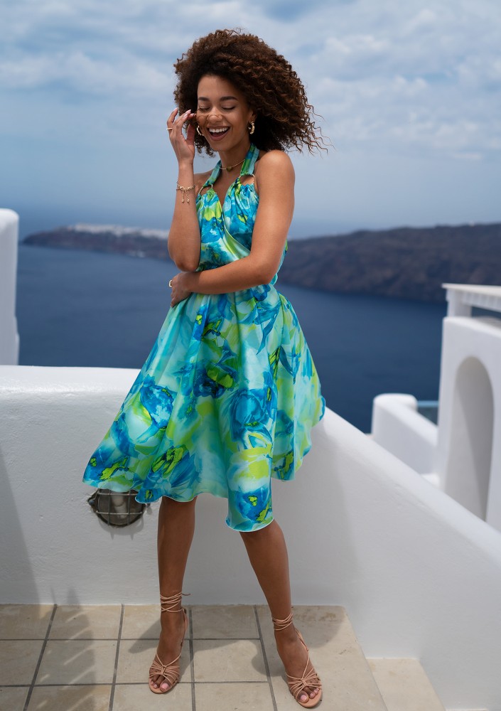 Elma - Blue printed satin midi dress