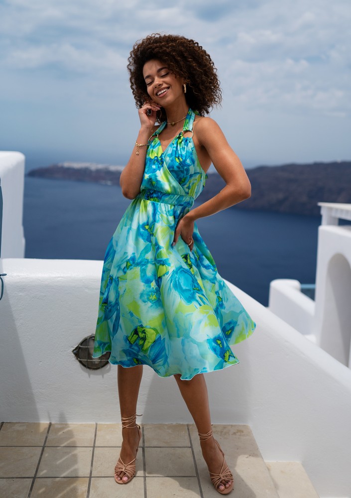 Elma - Blue printed satin midi dress