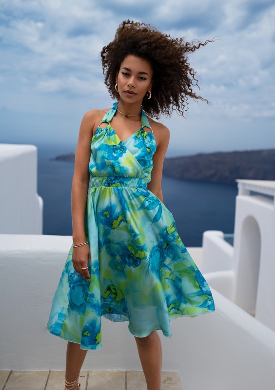 Elma - Blue printed satin midi dress