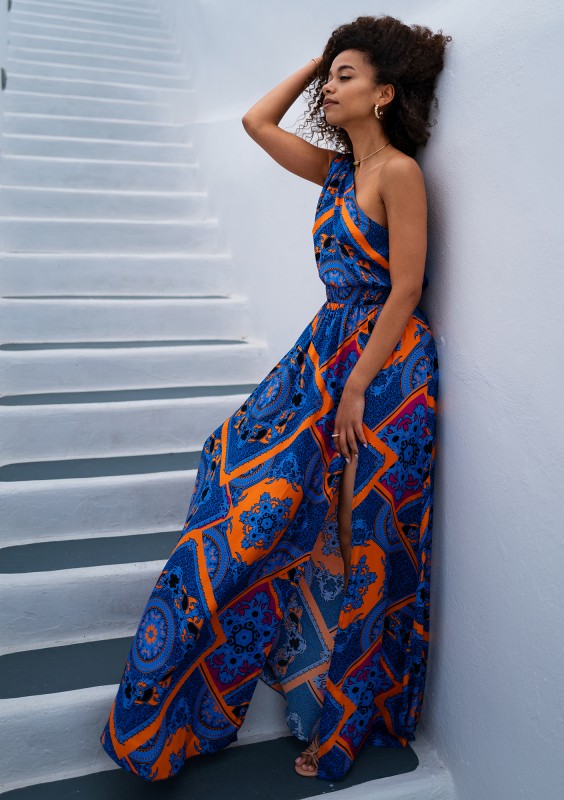 Azur - Asymmetric cobalt blue printed maxi dress