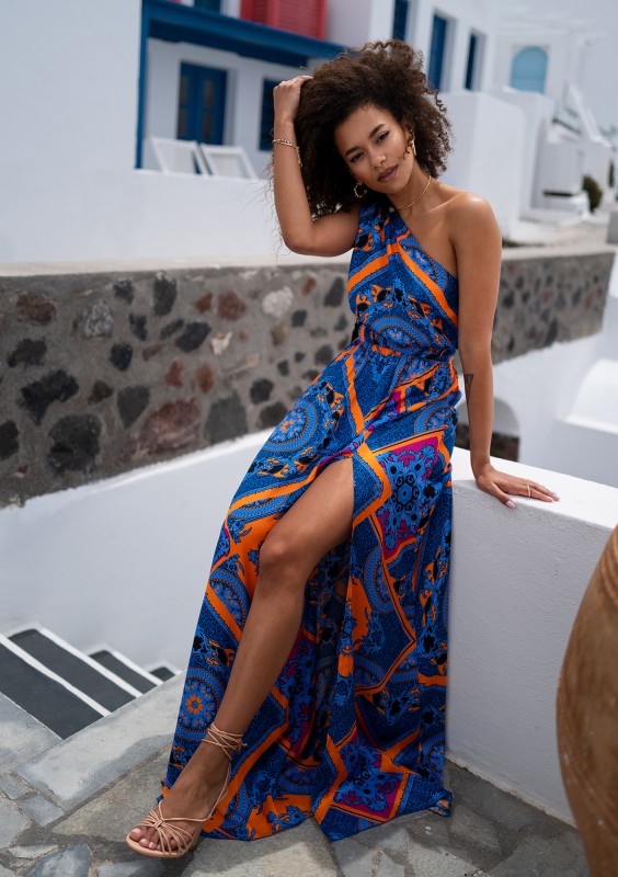 Azur - Asymetryczna sukienka maxi boho Kobaltowa