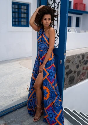 Azur - Asymetryczna sukienka maxi boho Kobaltowa