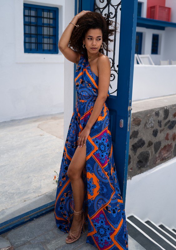 Azur - Asymmetric cobalt blue printed maxi dress