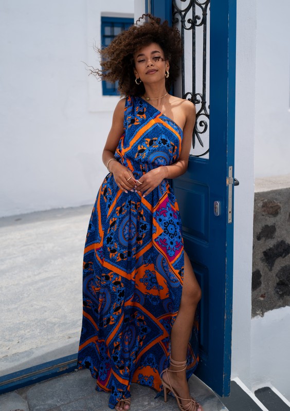 Azur - Asymetryczna sukienka maxi boho Kobaltowa