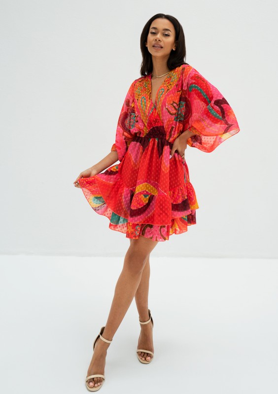 Senaya - Red boho printed chiffon mini dress