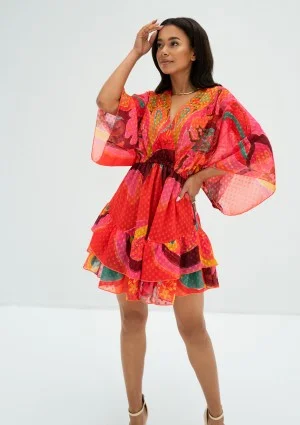 Senaya - Red boho printed chiffon mini dress