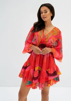 Senaya - Red boho printed chiffon mini dress