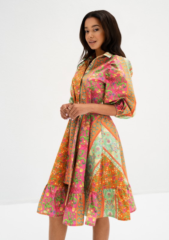 Birdie - Pink boho printed midi shirt dress