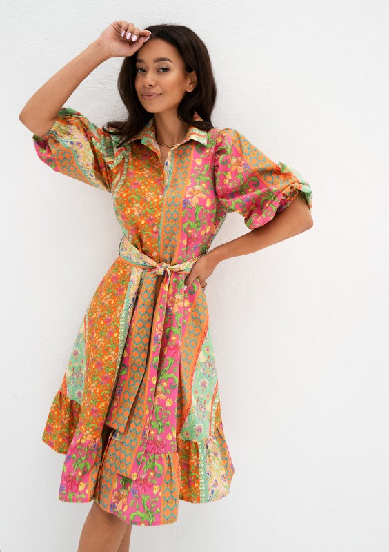 Birdie - Pink boho printed midi shirt dress