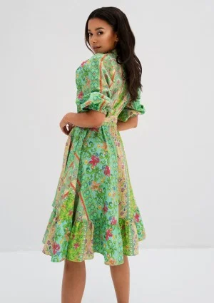 Birdie - Rozkloszowana sukienka koszulowa w kwiatki boho Mint