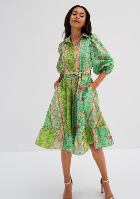Birdie - Rozkloszowana sukienka koszulowa w kwiatki boho Mint