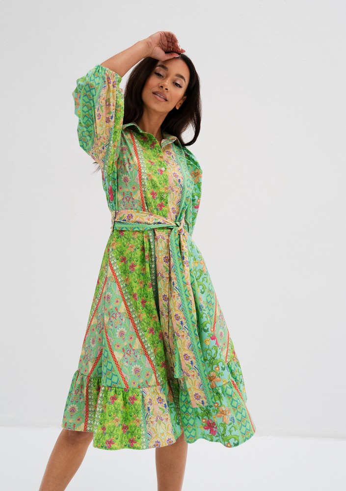 Birdie - Minty boho printed midi shirt dress