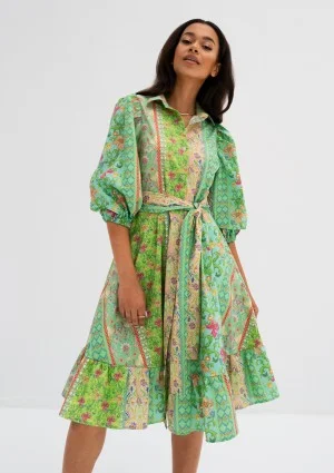 Birdie - Rozkloszowana sukienka koszulowa w kwiatki boho Mint