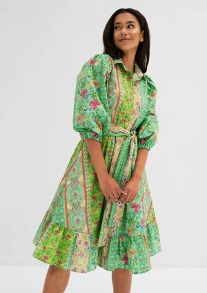 Birdie - Rozkloszowana sukienka koszulowa w kwiatki boho Mint