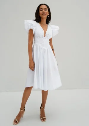 Nelly - Biała sukienka midi z bawełny z gorsetową wstawką